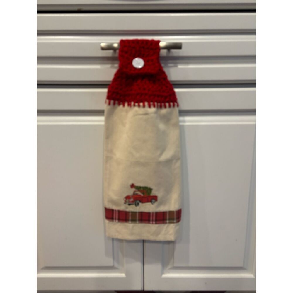 Crochet Top Kitchen Towel-Red truck with reee